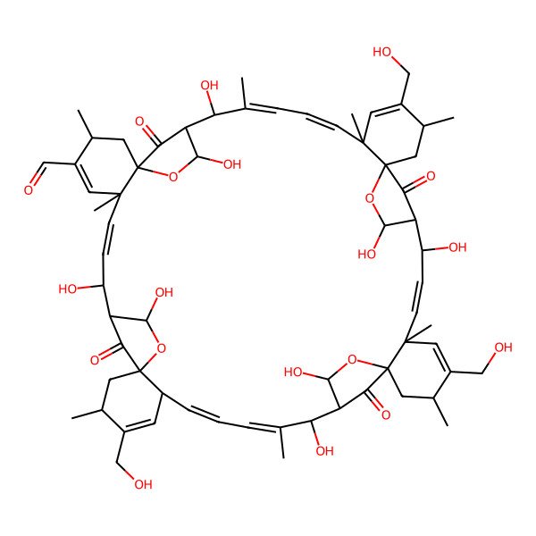 2D Structure of (7E,19E,21E,33E,45E,47E)-9,11,23,25,35,37,49,51-octahydroxy-16,30,42-tris(hydroxymethyl)-3,6,15,22,29,32,41,44,48-nonamethyl-53,54,55,56-tetraoxo-12,26,38,52-tetraoxanonacyclo[48.2.1.110,13.124,27.136,39.01,6.013,18.027,32.039,44]hexapentaconta-4,7,16,19,21,30,33,42,45,47-decaene-4-carbaldehyde