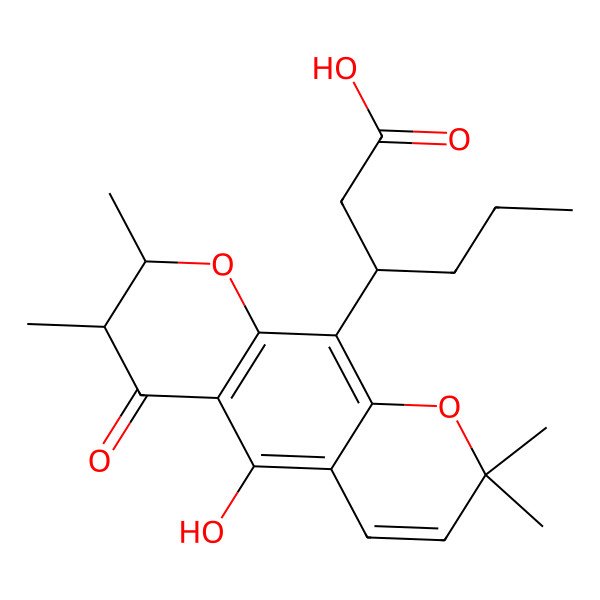 2D Structure of (3R)-3-[(7R,8S)-5-hydroxy-2,2,7,8-tetramethyl-6-oxo-7,8-dihydropyrano[3,2-g]chromen-10-yl]hexanoic acid