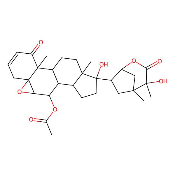 2D Structure of [(1S,2R,7S,9R,10S,11S,12S,15R,16S)-15-hydroxy-15-[(1R,4R,5R,7S)-4-hydroxy-4,5-dimethyl-3-oxo-2-oxabicyclo[3.2.1]octan-7-yl]-2,16-dimethyl-3-oxo-8-oxapentacyclo[9.7.0.02,7.07,9.012,16]octadec-4-en-10-yl] acetate