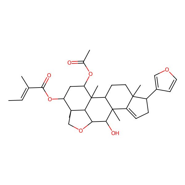 2D Structure of [(1R,2R,5S,6R,10R,11S,12R,15R,16R,18S,19R)-18-acetyloxy-6-(furan-3-yl)-11-hydroxy-1,5,10,15-tetramethyl-13-oxapentacyclo[10.6.1.02,10.05,9.015,19]nonadec-8-en-16-yl] (E)-2-methylbut-2-enoate