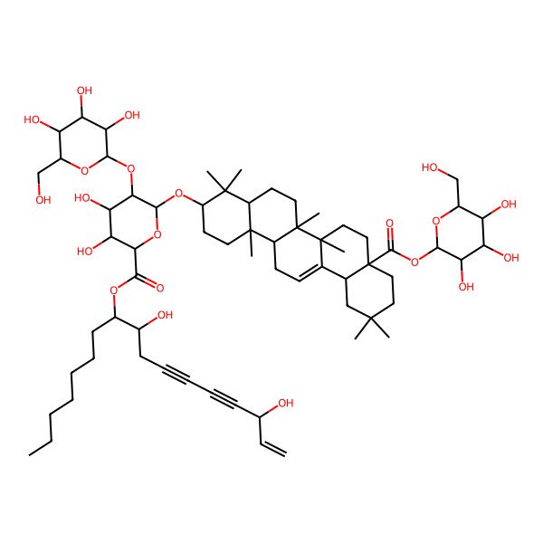2D Structure of 9,15-Dihydroxyheptadec-16-en-11,13-diyn-8-yl 6-[[4,4,6a,6b,11,11,14b-heptamethyl-8a-[3,4,5-trihydroxy-6-(hydroxymethyl)oxan-2-yl]oxycarbonyl-1,2,3,4a,5,6,7,8,9,10,12,12a,14,14a-tetradecahydropicen-3-yl]oxy]-3,4-dihydroxy-5-[3,4,5-trihydroxy-6-(hydroxymethyl)oxan-2-yl]oxyoxane-2-carboxylate