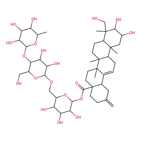 2D Structure of [(2S,3R,4S,5S,6R)-6-[[(2R,3R,4R,5S,6R)-3,4-dihydroxy-6-(hydroxymethyl)-5-[(2S,3R,4R,5R,6S)-3,4,5-trihydroxy-6-methyloxan-2-yl]oxyoxan-2-yl]oxymethyl]-3,4,5-trihydroxyoxan-2-yl] (4aS,6aR,6aS,6bR,8aR,9R,10R,11R,12aR,14bS)-10,11-dihydroxy-9-(hydroxymethyl)-6a,6b,9,12a-tetramethyl-2-methylidene-1,3,4,5,6,6a,7,8,8a,10,11,12,13,14b-tetradecahydropicene-4a-carboxylate