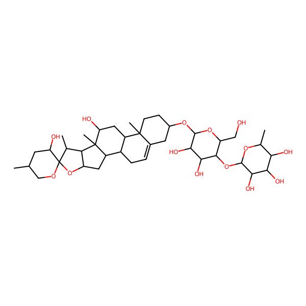 2D Structure of (2S,3R,4R,5R,6S)-2-[(2R,3S,4R,5R,6R)-6-[(1R,2S,3'S,4S,5'S,6S,7S,8R,9S,10R,12S,13R,16S)-3',10-dihydroxy-5',7,9,13-tetramethylspiro[5-oxapentacyclo[10.8.0.02,9.04,8.013,18]icos-18-ene-6,2'-oxane]-16-yl]oxy-4,5-dihydroxy-2-(hydroxymethyl)oxan-3-yl]oxy-6-methyloxane-3,4,5-triol