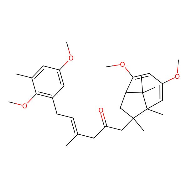 2D Structure of 6-(2,5-Dimethoxy-3-methylphenyl)-1-(2,4-dimethoxy-6,7,9,9-tetramethyl-7-bicyclo[4.2.1]nona-2,4-dienyl)-4-methylhex-4-en-2-one