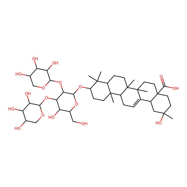 2D Structure of (2R,4aR,6aR,6aS,6bR,8aR,10S,12aR,14bS)-2-hydroxy-10-[(2R,3R,4S,5R,6R)-5-hydroxy-6-(hydroxymethyl)-4-[(2S,3R,4S,5S)-3,4,5-trihydroxyoxan-2-yl]oxy-3-[(2S,3R,4S,5R)-3,4,5-trihydroxyoxan-2-yl]oxyoxan-2-yl]oxy-2,6a,6b,9,9,12a-hexamethyl-1,3,4,5,6,6a,7,8,8a,10,11,12,13,14b-tetradecahydropicene-4a-carboxylic acid