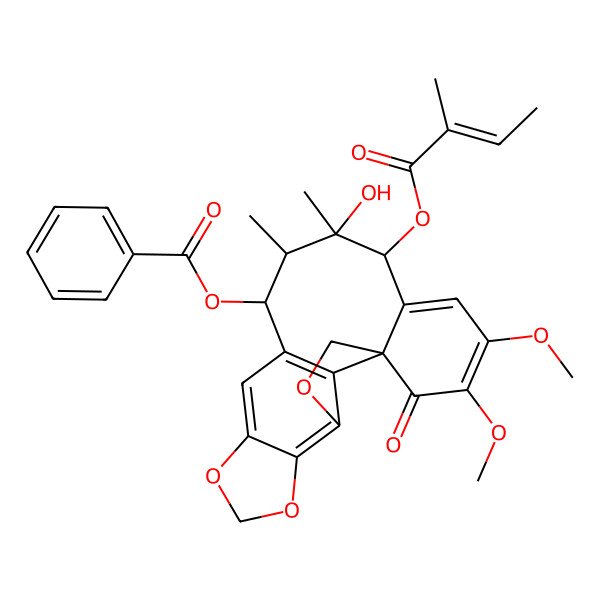 2D Structure of [(1S,12S,13S,14S,15R)-14-hydroxy-18,19-dimethoxy-13,14-dimethyl-15-[(Z)-2-methylbut-2-enoyl]oxy-20-oxo-3,6,8-trioxapentacyclo[9.9.1.01,16.04,21.05,9]henicosa-4(21),5(9),10,16,18-pentaen-12-yl] benzoate