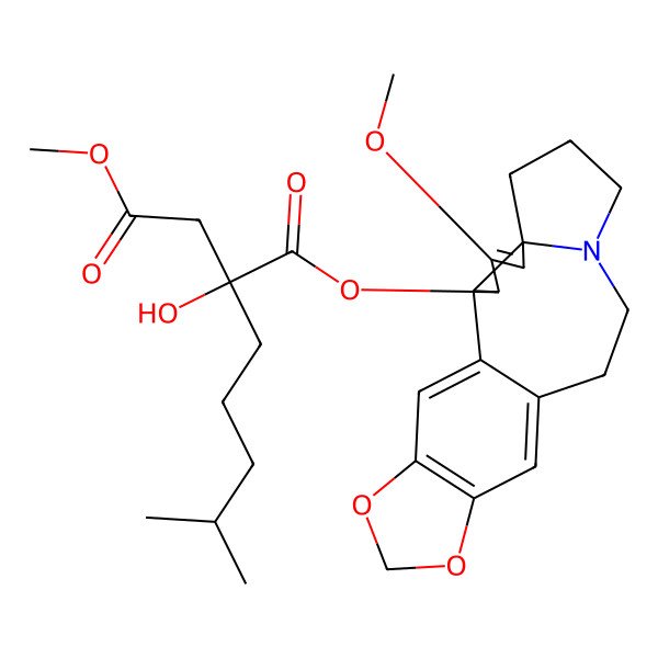 2D Structure of 1-O-[(2R,3S,6S)-4-methoxy-16,18-dioxa-10-azapentacyclo[11.7.0.02,6.06,10.015,19]icosa-1(20),4,13,15(19)-tetraen-3-yl] 4-O-methyl (2S)-2-hydroxy-2-(4-methylpentyl)butanedioate