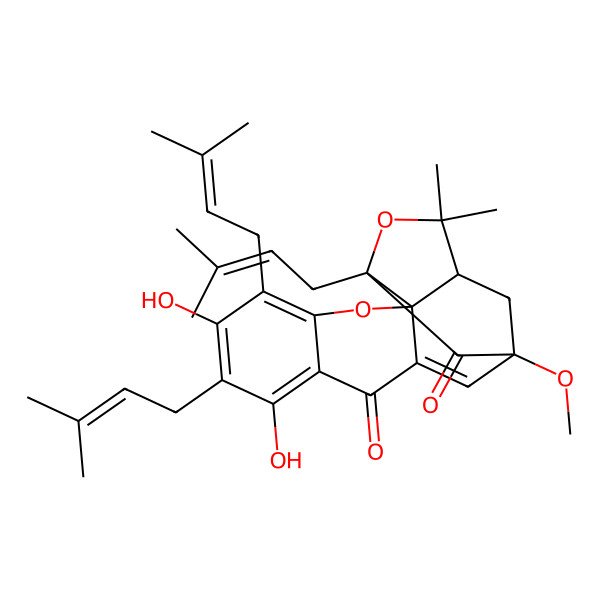 2D Structure of 6,8-Dihydroxy-13-methoxy-17,17-dimethyl-5,7,15-tris(3-methylbut-2-enyl)-3,16-dioxapentacyclo[11.4.1.02,11.02,15.04,9]octadeca-4,6,8,11-tetraene-10,14-dione