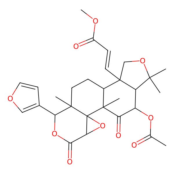 2D Structure of Methyl 3-[17-acetyloxy-7-(furan-3-yl)-1,8,15,15-tetramethyl-5,18-dioxo-3,6,14-trioxapentacyclo[9.7.0.02,4.02,8.012,16]octadecan-12-yl]prop-2-enoate