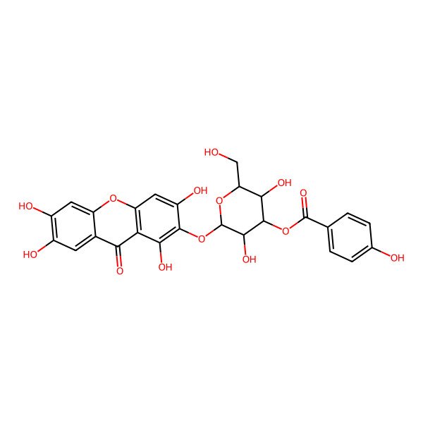 2D Structure of [(2R,3R,4S,5R,6S)-3,5-dihydroxy-2-(hydroxymethyl)-6-(1,3,6,7-tetrahydroxy-9-oxoxanthen-2-yl)oxyoxan-4-yl] 4-hydroxybenzoate