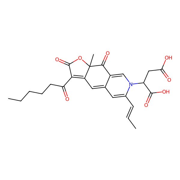 2D Structure of (2R)-2-[(9aR)-3-hexanoyl-9a-methyl-2,9-dioxo-6-[(E)-prop-1-enyl]uro[3,2-g]isoquinolin-7-yl]butanedioic acid