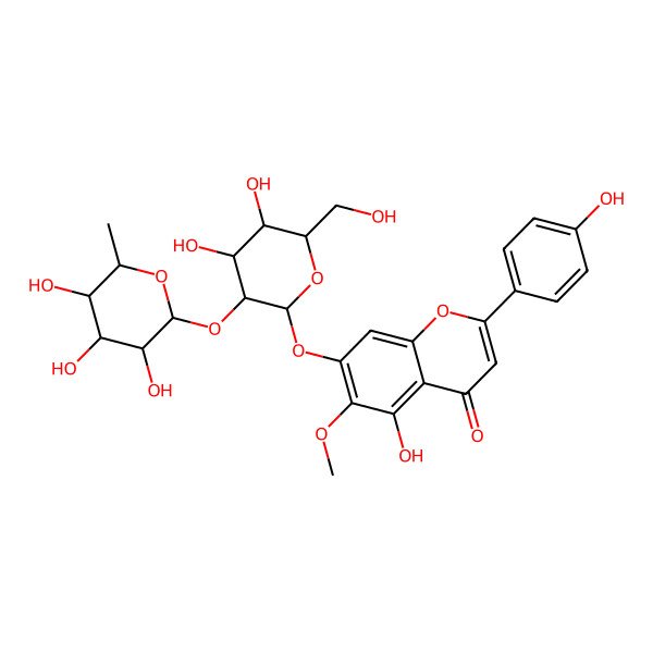 2D Structure of 7-[(2S,3R,4S,5S,6R)-4,5-dihydroxy-6-(hydroxymethyl)-3-[(2S,3R,4R,5R,6S)-3,4,5-trihydroxy-6-methyloxan-2-yl]oxyoxan-2-yl]oxy-5-hydroxy-2-(4-hydroxyphenyl)-6-methoxychromen-4-one