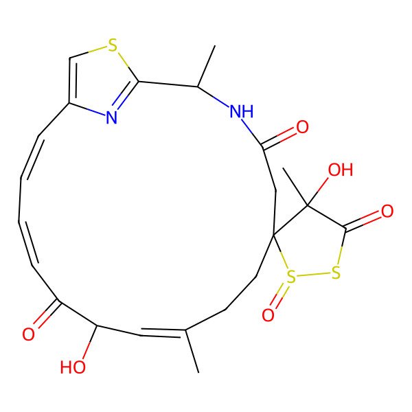 2D Structure of (1'R,2R,4'R,6S,9E,11R,13Z,15E)-4',11-dihydroxy-2,4',9-trimethyl-1'-oxospiro[19-thia-3,20-diazabicyclo[15.2.1]icosa-1(20),9,13,15,17-pentaene-6,5'-dithiolane]-3',4,12-trione