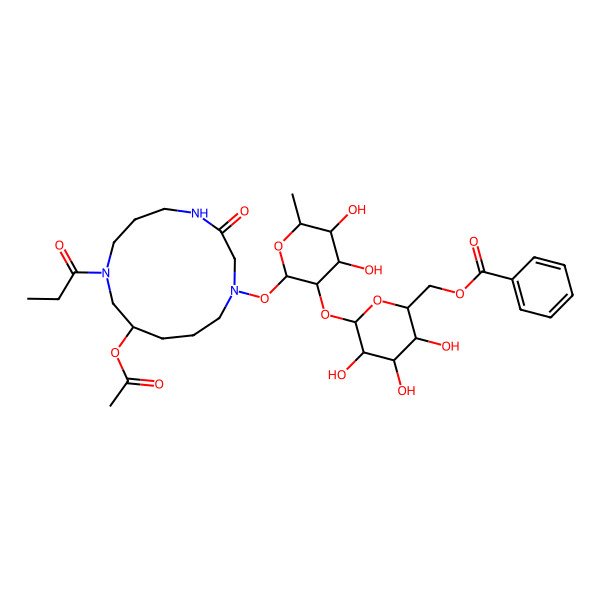 2D Structure of [(2R,3S,4S,5R,6S)-6-[(2S,3R,4R,5R,6S)-2-[[(10R)-10-acetyloxy-3-oxo-8-propanoyl-1,4,8-triazacyclotridec-1-yl]oxy]-4,5-dihydroxy-6-methyloxan-3-yl]oxy-3,4,5-trihydroxyoxan-2-yl]methyl benzoate