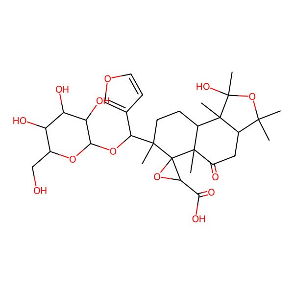 2D Structure of (1R,2'S,3aR,5aR,6R,7S,9aR,9bR)-7-[(S)-furan-3-yl-[(2R,3R,4S,5S,6R)-3,4,5-trihydroxy-6-(hydroxymethyl)oxan-2-yl]oxymethyl]-1-hydroxy-1,3,3,5a,7,9b-hexamethyl-5-oxospiro[4,8,9,9a-tetrahydro-3aH-benzo[e][2]benzofuran-6,3'-oxirane]-2'-carboxylic acid