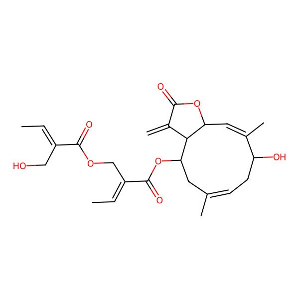 2D Structure of [(E)-2-[[(3aR,4R,6E,9S,10Z,11aS)-9-hydroxy-6,10-dimethyl-3-methylidene-2-oxo-3a,4,5,8,9,11a-hexahydrocyclodeca[b]furan-4-yl]oxycarbonyl]but-2-enyl] (E)-2-(hydroxymethyl)but-2-enoate