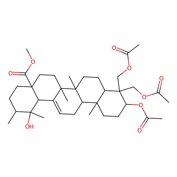 2D Structure of methyl (1R,2R,4aS,6aS,6bR,10S,12aR)-10-acetyloxy-9,9-bis(acetyloxymethyl)-1-hydroxy-1,2,6a,6b,12a-pentamethyl-2,3,4,5,6,6a,7,8,8a,10,11,12,13,14b-tetradecahydropicene-4a-carboxylate