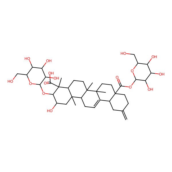 2D Structure of (2S,3R,4S,4aR,6aR,6bS,8aS,12aS,14aR,14bR)-2-hydroxy-4,6a,6b,14b-tetramethyl-11-methylidene-3-[(2S,3R,4S,5S,6R)-3,4,5-trihydroxy-6-(hydroxymethyl)oxan-2-yl]oxy-8a-[(2S,3R,4S,5S,6R)-3,4,5-trihydroxy-6-(hydroxymethyl)oxan-2-yl]oxycarbonyl-1,2,3,4a,5,6,7,8,9,10,12,12a,14,14a-tetradecahydropicene-4-carboxylic acid