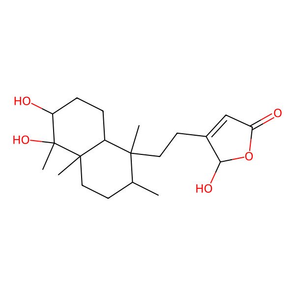 2D Structure of 3-[2-(5,6-dihydroxy-1,2,4a,5-tetramethyl-3,4,6,7,8,8a-hexahydro-2H-naphthalen-1-yl)ethyl]-2-hydroxy-2H-furan-5-one