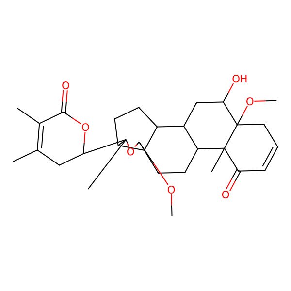 2D Structure of (1S,2S,5S,6R,8S,9R,12S,13R,18R,19R)-6-[(2R)-4,5-dimethyl-6-oxo-2,3-dihydropyran-2-yl]-19-hydroxy-8,18-dimethoxy-6,13-dimethyl-7-oxapentacyclo[10.8.0.02,9.05,9.013,18]icos-15-en-14-one