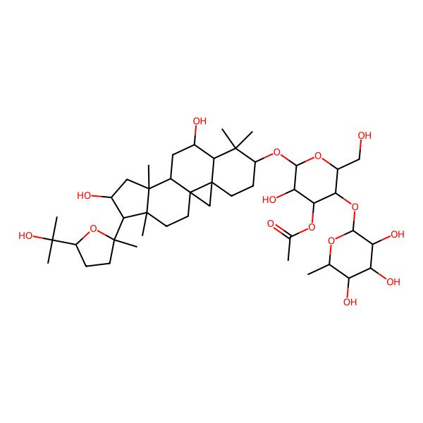 2D Structure of [(2R,3R,4S,5R,6R)-2-[[(1S,3R,6S,8R,9S,11S,12S,14S,15R,16R)-9,14-dihydroxy-15-[(2R,5S)-5-(2-hydroxypropan-2-yl)-2-methyloxolan-2-yl]-7,7,12,16-tetramethyl-6-pentacyclo[9.7.0.01,3.03,8.012,16]octadecanyl]oxy]-3-hydroxy-6-(hydroxymethyl)-5-[(2S,3R,4R,5R,6S)-3,4,5-trihydroxy-6-methyloxan-2-yl]oxyoxan-4-yl] acetate