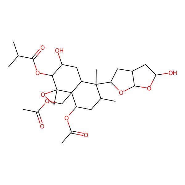 2D Structure of [8-acetyloxy-8a-(acetyloxymethyl)-3-hydroxy-5-(5-hydroxy-2,3,3a,4,5,6a-hexahydrofuro[2,3-b]furan-2-yl)-5,6-dimethylspiro[3,4,4a,6,7,8-hexahydro-2H-naphthalene-1,2'-oxirane]-2-yl] 2-methylpropanoate