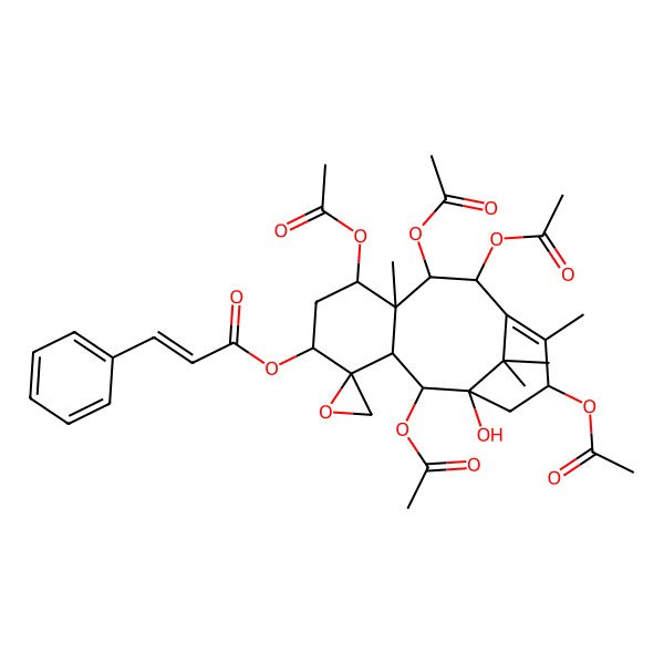 2D Structure of [(1'S,2R,2'S,3'R,5'S,7'S,8'S,9'R,10'R,13'S)-2',7',9',10',13'-pentaacetyloxy-1'-hydroxy-8',12',15',15'-tetramethylspiro[oxirane-2,4'-tricyclo[9.3.1.03,8]pentadec-11-ene]-5'-yl] (E)-3-phenylprop-2-enoate