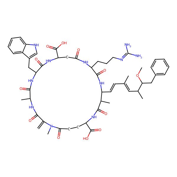 2D Structure of 15-[3-(diaminomethylideneamino)propyl]-8-(1H-indol-3-ylmethyl)-18-(6-methoxy-3,5-dimethyl-7-phenylhepta-1,3-dienyl)-1,5,19-trimethyl-2-methylidene-3,6,9,13,16,20,25-heptaoxo-1,4,7,10,14,17,21-heptazacyclopentacosane-11,22-dicarboxylic acid