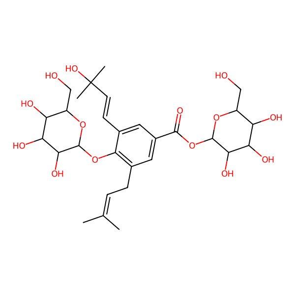 2D Structure of [(2S,3R,4S,5S,6R)-3,4,5-trihydroxy-6-(hydroxymethyl)oxan-2-yl] 3-[(E)-3-hydroxy-3-methylbut-1-enyl]-5-(3-methylbut-2-enyl)-4-[(2S,3R,4S,5S,6R)-3,4,5-trihydroxy-6-(hydroxymethyl)oxan-2-yl]oxybenzoate