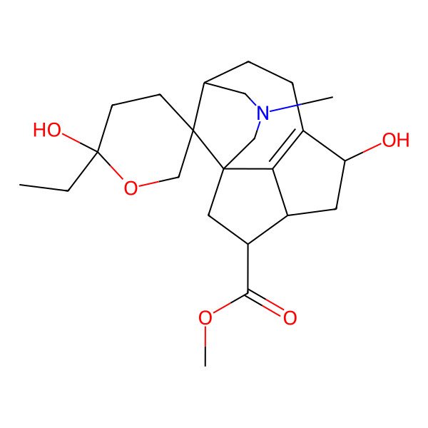2D Structure of Methyl 2'-ethyl-2',9-dihydroxy-3-methylspiro[3-azatetracyclo[6.5.1.11,5.011,14]pentadec-8(14)-ene-15,5'-oxane]-12-carboxylate