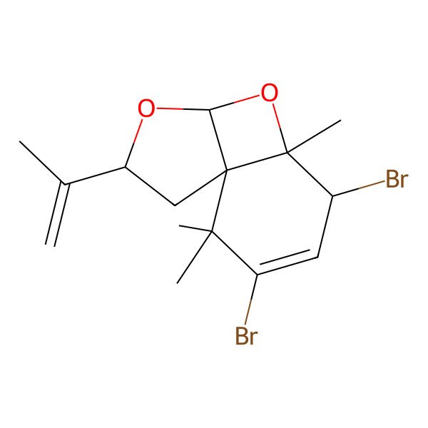 2D Structure of 8,10-Dibromo-7,11,11-trimethyl-3-prop-1-en-2-yl-4,6-dioxatricyclo[5.4.0.01,5]undec-9-ene