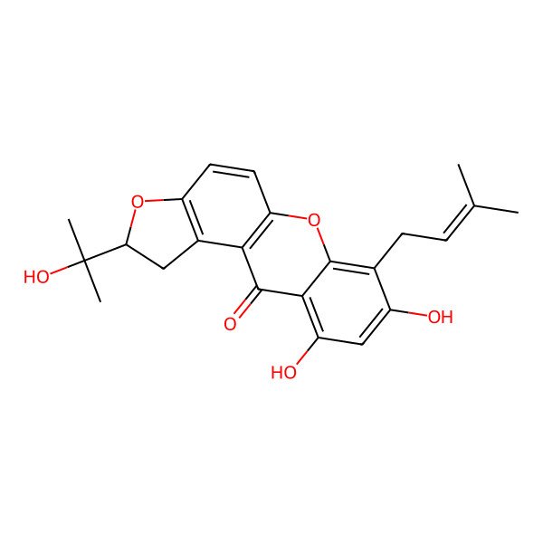 2D Structure of 8,10-Dihydroxy-2-(2-hydroxypropan-2-yl)-7-(3-methylbut-2-enyl)-1,2-dihydrofuro[3,2-a]xanthen-11-one