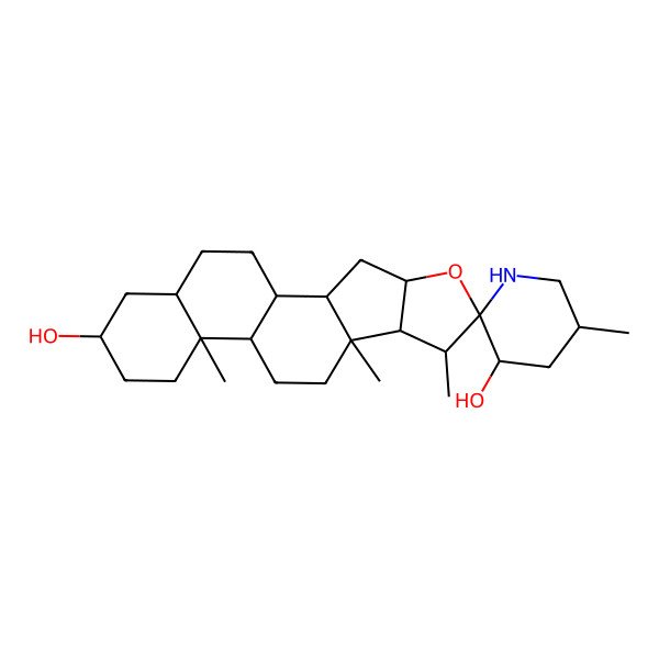 2D Structure of (1R,2S,3'R,4S,5'R,6S,7S,8R,9S,12S,13S,16S,18S)-5',7,9,13-tetramethylspiro[5-oxapentacyclo[10.8.0.02,9.04,8.013,18]icosane-6,2'-piperidine]-3',16-diol