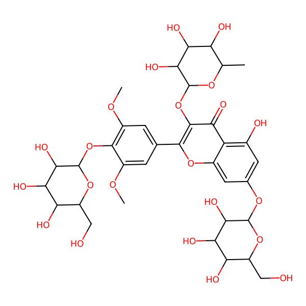 2D Structure of 2-[3,5-dimethoxy-4-[(2S,3R,4S,5S,6R)-3,4,5-trihydroxy-6-(hydroxymethyl)oxan-2-yl]oxyphenyl]-5-hydroxy-7-[(2S,3R,4S,5S,6R)-3,4,5-trihydroxy-6-(hydroxymethyl)oxan-2-yl]oxy-3-[(2S,3R,4R,5R,6S)-3,4,5-trihydroxy-6-methyloxan-2-yl]oxychromen-4-one