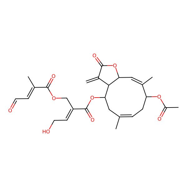 2D Structure of [(3aR,4R,6E,9R,10Z,11aS)-9-acetyloxy-6,10-dimethyl-3-methylidene-2-oxo-3a,4,5,8,9,11a-hexahydrocyclodeca[b]furan-4-yl] (E)-4-hydroxy-2-[[(E)-2-methyl-4-oxobut-2-enoyl]oxymethyl]but-2-enoate