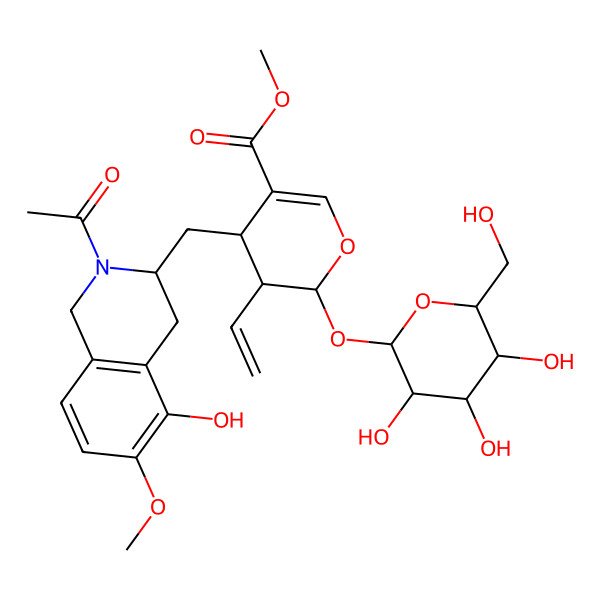 2D Structure of methyl 4-[(2-acetyl-5-hydroxy-6-methoxy-3,4-dihydro-1H-isoquinolin-3-yl)methyl]-3-ethenyl-2-[3,4,5-trihydroxy-6-(hydroxymethyl)oxan-2-yl]oxy-3,4-dihydro-2H-pyran-5-carboxylate