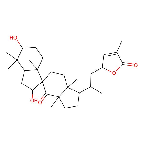 2D Structure of 2-[2-(2,6-dihydroxy-3a,3'a,7,7,7'a-pentamethyl-4'-oxospiro[1,2,4,5,6,7a-hexahydroindene-3,5'-2,3,6,7-tetrahydro-1H-indene]-1'-yl)propyl]-4-methyl-2H-furan-5-one