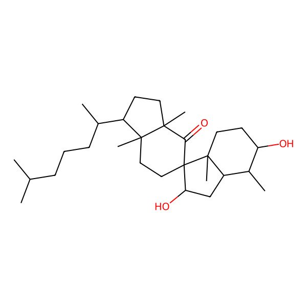 2D Structure of (1R,2'S,3aR,3'aS,5R,6'S,7'S,7aR,7'aS)-2',6'-dihydroxy-3a,3'a,7',7a-tetramethyl-1-[(2R)-6-methylheptan-2-yl]spiro[2,3,6,7-tetrahydro-1H-indene-5,3'-2,4,5,6,7,7a-hexahydro-1H-indene]-4-one