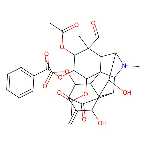 2D Structure of [(1R,3R,4S,5R,6R,7S,8S,9R,14R,16S,17S,18S)-4,6,18-triacetyloxy-7-formyl-16,17-dihydroxy-7,10-dimethyl-15-methylidene-13-oxo-10-azahexacyclo[7.7.1.12,14.01,12.03,8.03,11]octadecan-5-yl] benzoate