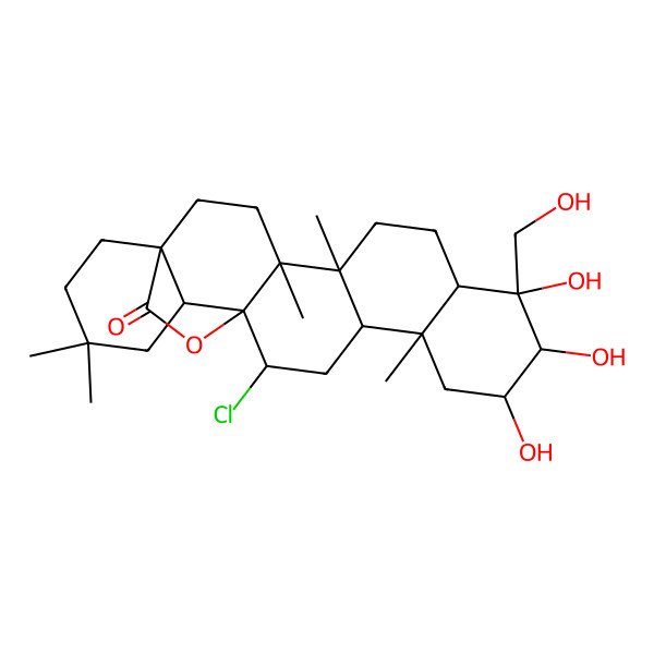 2D Structure of (1S,4S,5R,8R,9S,10S,11R,13R,14R,16S,17S,18R)-16-chloro-9,10,11-trihydroxy-9-(hydroxymethyl)-4,5,13,20,20-pentamethyl-24-oxahexacyclo[15.5.2.01,18.04,17.05,14.08,13]tetracosan-23-one
