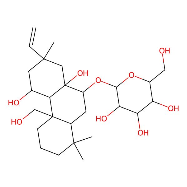 2D Structure of (2S,3R,4S,5S,6R)-2-[[(4aR,4bS,5S,7R,8aR,9S,10aS)-7-ethenyl-5,8a-dihydroxy-4a-(hydroxymethyl)-1,1,7-trimethyl-2,3,4,4b,5,6,8,9,10,10a-decahydrophenanthren-9-yl]oxy]-6-(hydroxymethyl)oxane-3,4,5-triol