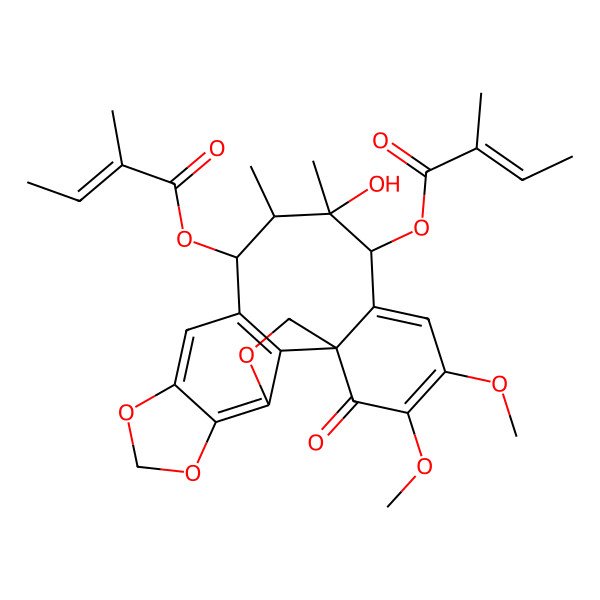 2D Structure of [14-Hydroxy-18,19-dimethoxy-13,14-dimethyl-15-(2-methylbut-2-enoyloxy)-20-oxo-3,6,8-trioxapentacyclo[9.9.1.01,16.04,21.05,9]henicosa-4(21),5(9),10,16,18-pentaen-12-yl] 2-methylbut-2-enoate