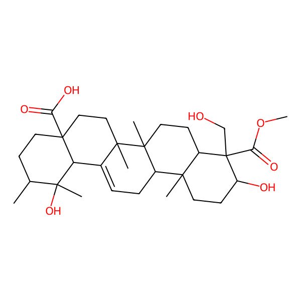 2D Structure of (1R,2S,4aS,6aR,6aS,6bR,8aR,9S,10S,12aR,14bS)-1,10-dihydroxy-9-(hydroxymethyl)-9-methoxycarbonyl-1,2,6a,6b,12a-pentamethyl-2,3,4,5,6,6a,7,8,8a,10,11,12,13,14b-tetradecahydropicene-4a-carboxylic acid