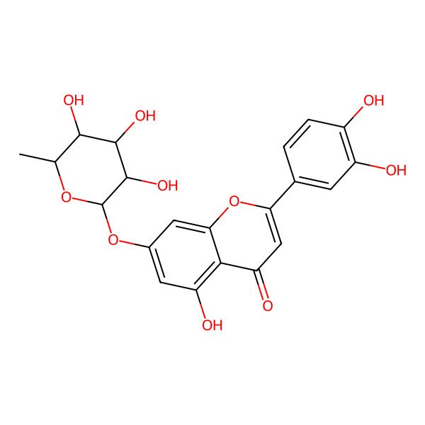 2D Structure of 2-(3,4-dihydroxyphenyl)-5-hydroxy-7-[(2S,3R,4S,5R,6S)-3,4,5-trihydroxy-6-methyloxan-2-yl]oxychromen-4-one