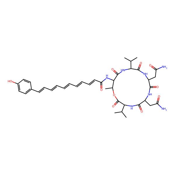 2D Structure of N-[6,9-bis(2-amino-2-oxoethyl)-16-methyl-2,5,8,11,14-pentaoxo-3,12-di(propan-2-yl)-1-oxa-4,7,10,13-tetrazacyclohexadec-15-yl]-11-(4-hydroxyphenyl)undeca-2,4,6,8,10-pentaenamide