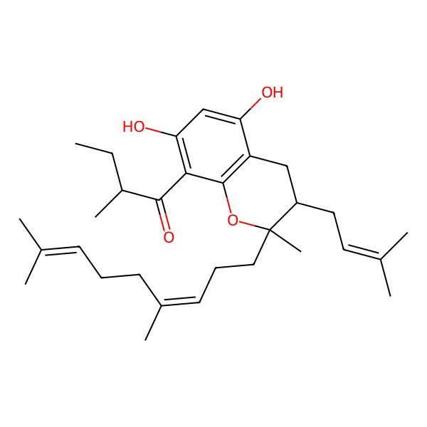 2D Structure of (2R)-1-[(2R,3S)-2-[(3E)-4,8-dimethylnona-3,7-dienyl]-5,7-dihydroxy-2-methyl-3-(3-methylbut-2-enyl)-3,4-dihydrochromen-8-yl]-2-methylbutan-1-one