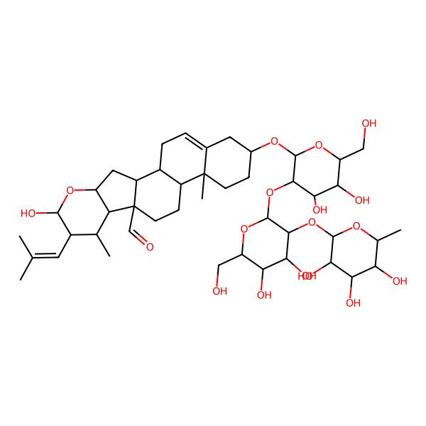 2D Structure of 17-[3-[4,5-Dihydroxy-6-(hydroxymethyl)-3-(3,4,5-trihydroxy-6-methyloxan-2-yl)oxyoxan-2-yl]oxy-4,5-dihydroxy-6-(hydroxymethyl)oxan-2-yl]oxy-6-hydroxy-8,14-dimethyl-7-(2-methylprop-1-enyl)-5-oxapentacyclo[11.8.0.02,10.04,9.014,19]henicos-19-ene-10-carbaldehyde