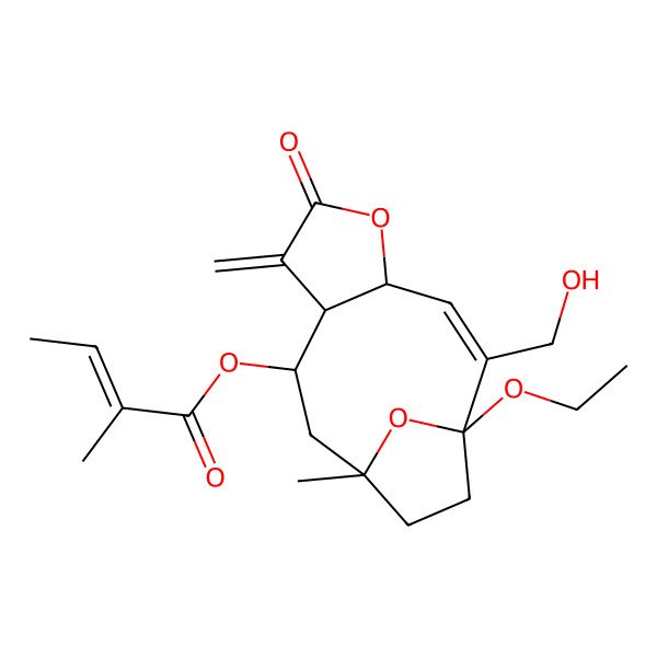 2D Structure of [(1R,2Z,4S,8R,9R,11S)-1-ethoxy-2-(hydroxymethyl)-11-methyl-7-methylidene-6-oxo-5,14-dioxatricyclo[9.2.1.04,8]tetradec-2-en-9-yl] (Z)-2-methylbut-2-enoate