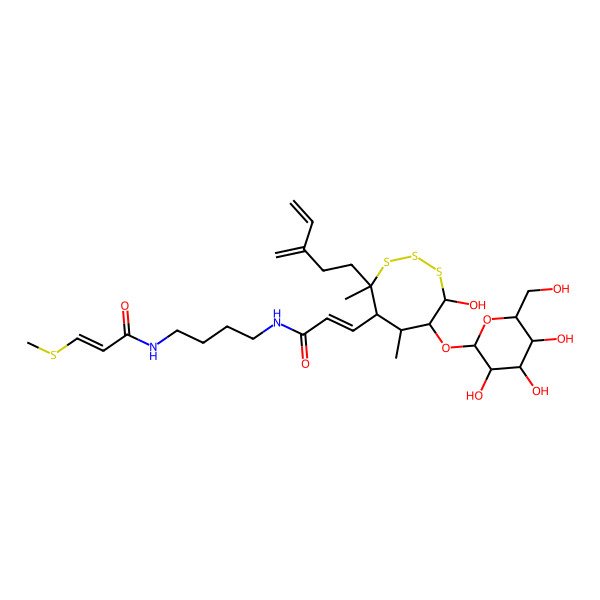 2D Structure of (E)-3-[(4R,5S,6S,7R,8S)-8-hydroxy-4,6-dimethyl-4-(3-methylidenepent-4-enyl)-7-[(2S,3R,4R,5R,6S)-3,4,5-trihydroxy-6-(hydroxymethyl)oxan-2-yl]oxytrithiocan-5-yl]-N-[4-[[(E)-3-methylsulfanylprop-2-enoyl]amino]butyl]prop-2-enamide