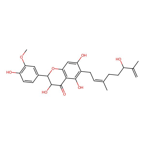 2D Structure of (2R,3R)-3,5,7-trihydroxy-6-[(2E,6S)-6-hydroxy-3,7-dimethylocta-2,7-dienyl]-2-(4-hydroxy-3-methoxyphenyl)-2,3-dihydrochromen-4-one